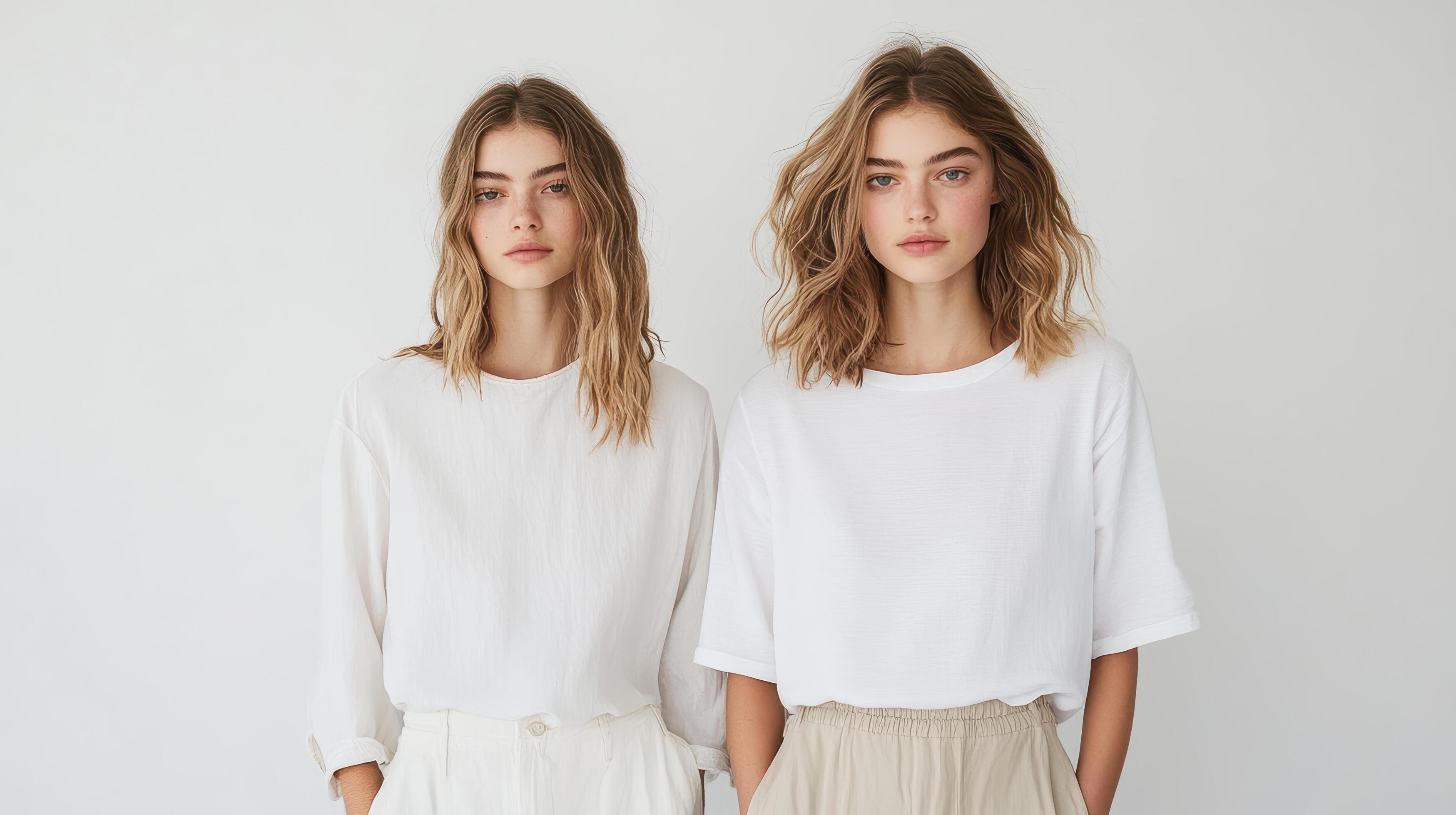 Two young women are standing side by side against a plain white background. They both have light brown wavy hair, natural makeup, and neutral expressions. Each is wearing a simple white top with light-colored pants, creating a clean and minimalistic look.