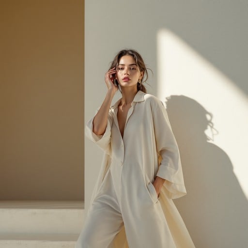The photo shows a woman standing in soft natural light, dressed in an oversized cream-colored outfit that blends elegance with minimalism. Her relaxed pose, with one hand touching her face and the other in her pocket, adds a confident yet effortless vibe. The clean background and shadow play highlight the simplicity and sophistication of the look, making it feel very modern and refined.