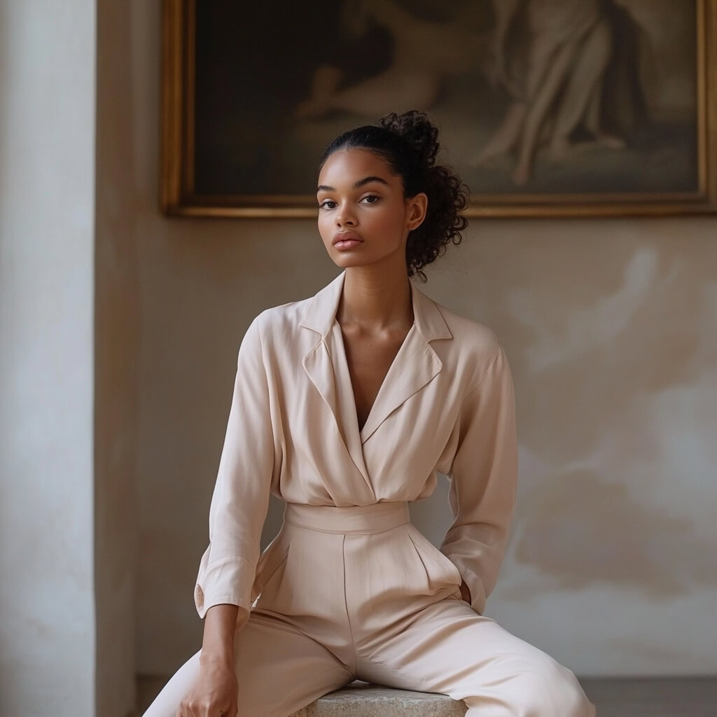 The photo shows a woman sitting gracefully in a softly lit interior, dressed in a tailored beige jumpsuit with a deep neckline and structured fit. Her posture is calm and confident, with hands resting casually on her lap. The muted tones of the background, along with the classical painting behind her, give the image a refined and timeless elegance, blending modern minimalism with artistic sophistication.