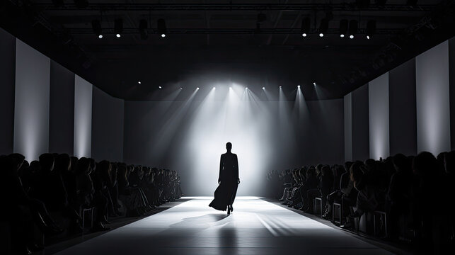 A model walks down a dramatic runway, illuminated from behind by bright stage lights that create a striking silhouette. The audience sits in shadow on both sides, focusing all attention on the model’s elegant, flowing outfit. The scene captures the energy and sophistication of a high-fashion show.